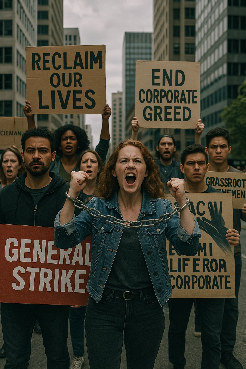 Citizens marching in a grassroots movement, holding general strike signs to challenge corporate control.