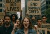 Grassroots citizens marching with general strike signs to resist corporate control