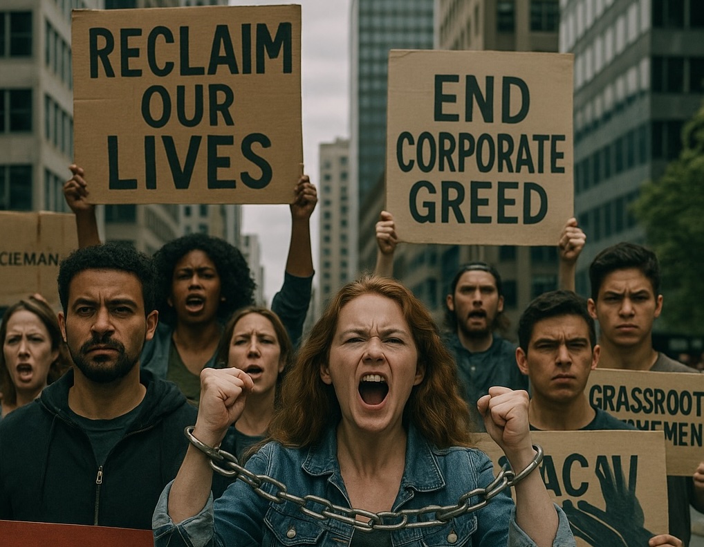 Grassroots citizens marching with general strike signs to resist corporate control