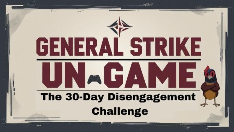 "Promotional image for The General Strike Un-Game: A 30-Day Disengagement Challenge, starting September 1. Features bold maroon and black text, a game controller icon, the Dancing Quail mascot, and the website GeneralStrike.net on a textured off-white and black border background."
