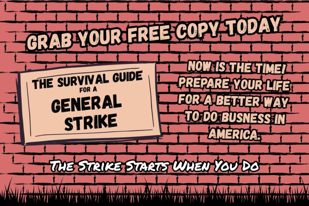Free download banner for “The Survival Guide for a General Strike” with bold headline on a pink brick-wall background; tagline reads “The strike starts when you do.”