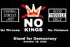 Graphic for the “No Kings 2.0” event on October 18, 2025. A gold crown with red slash marks is shown above bold white text that reads: “10.18.2025 — WE SAY NO KINGS,” with a red underline on the bottom words. Black background.