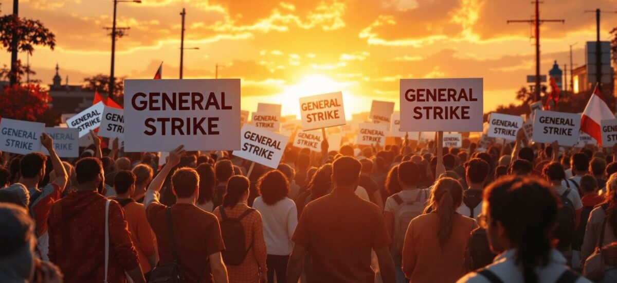 Silhouetted figures at sunset representing unity and resolve during a general strike