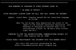 Picture of computer bulletin about a strike dated 2/1/1996