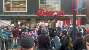 A consumer picket line, a strategy of a general strike, in front of a Target store 