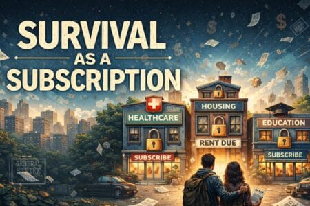 picture titled survival by subscription economy with two people looking at buildings that are locked