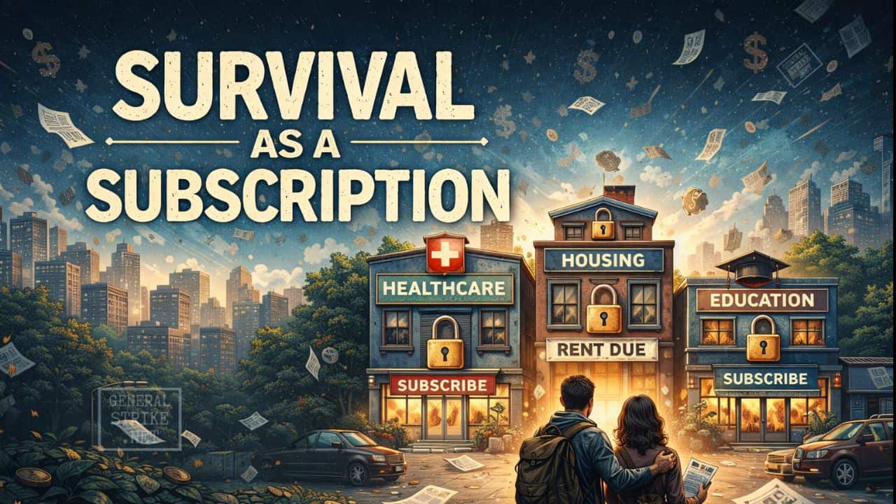 picture titled survival by subscription economy with two people looking at buildings that are locked